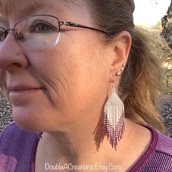 Purple Rainbow Lined and White Beaded Earrings, New, Handmade by Me - Picture 7 of 7